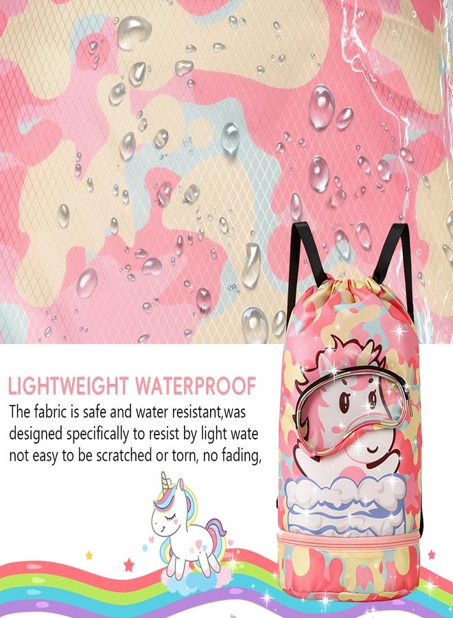 Proberos® Swim Bag for Kids, Waterproof Drawstring Backpack, with Shoe Compartment & Dry-Wet Separation Design Cartoon Print Drawstring Backpack Kids Travel Backpack Swimming Bag Activitiy Bag, Pink - Image 5