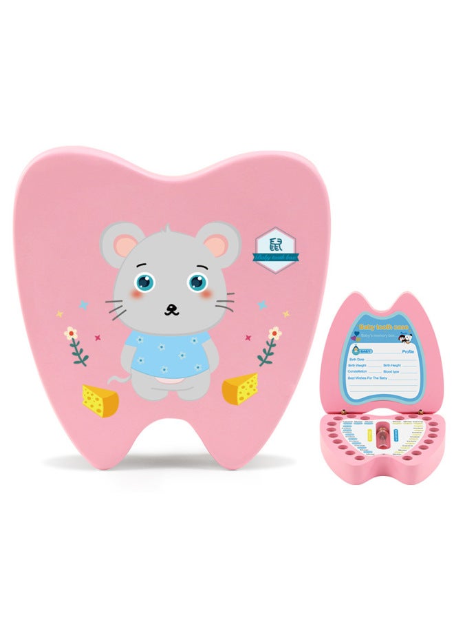 English Version Wooden Children's Deciduous Teeth Storage Box Baby's Teeth Changing Storage Box Teeth Dropping Memorial Collection Creative Home-Color:Pink Zodiac Mouse (English Version)  - Image 1