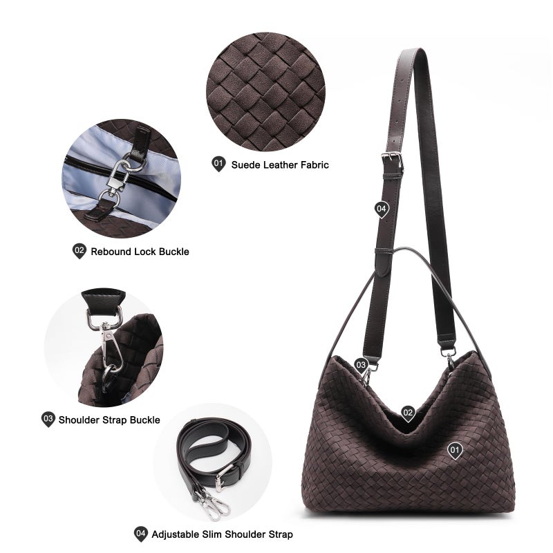 Sumrains Suede Woven Tote Bag for Women: Handwoven Vegan Leather Purse with Pockets for Style & Travel - Adjustable Strap fits 11" iPad (Coffee) - Image 4