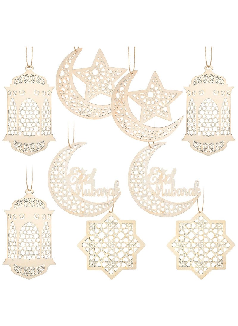 Generic - Queekay 9 Pieces Wooden Pendant Ornament Ramadan Kareem Hollow Decoration Moon Star Wind Light Shape Pendant Ornament Rustic Happy Eid Hanging Sign for Ramadan Mubarak Eid Party Decorations - Image 1