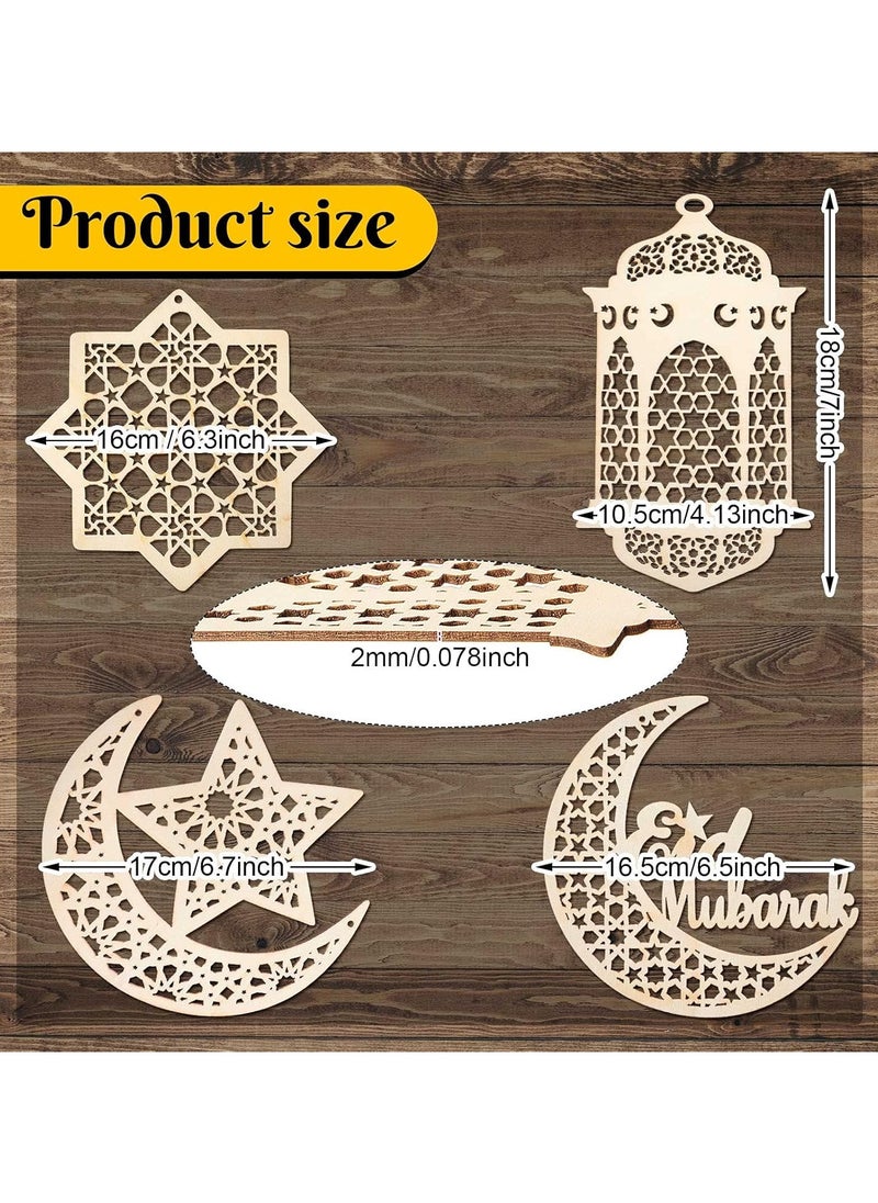Generic - Queekay 9 Pieces Wooden Pendant Ornament Ramadan Kareem Hollow Decoration Moon Star Wind Light Shape Pendant Ornament Rustic Happy Eid Hanging Sign for Ramadan Mubarak Eid Party Decorations - Image 1