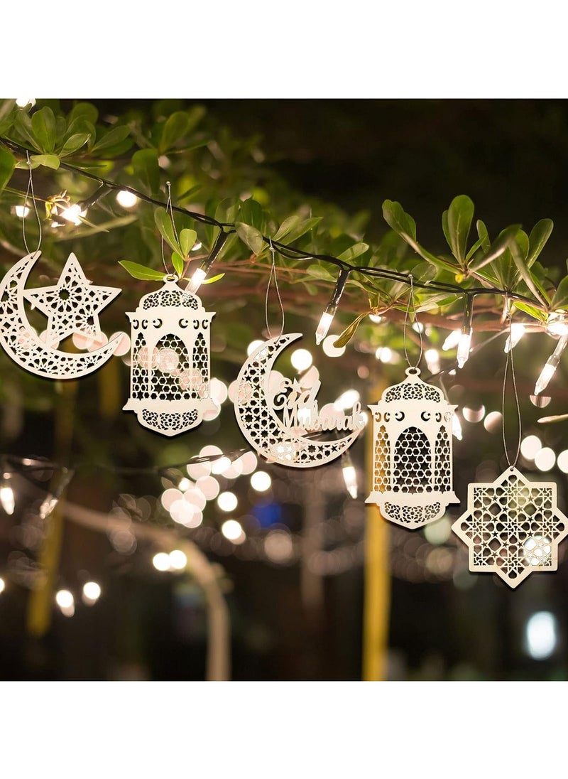 Generic - Queekay 9 Pieces Wooden Pendant Ornament Ramadan Kareem Hollow Decoration Moon Star Wind Light Shape Pendant Ornament Rustic Happy Eid Hanging Sign for Ramadan Mubarak Eid Party Decorations - Image 1