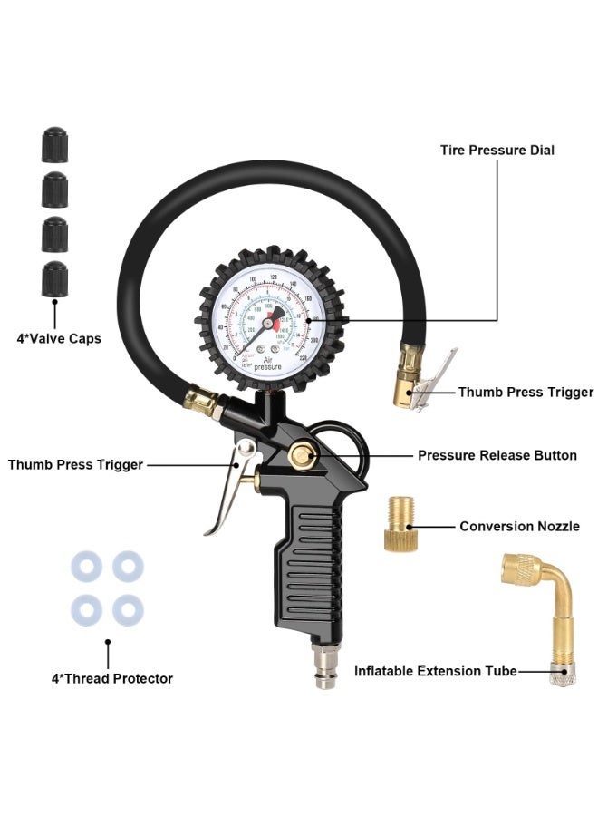 OSHIMA Tire Inflator Pressure Gauge, Tyre Inflator for Car, with Flexible Hose, Tyre Air Pressure Meter, Gauge for Car Truck Bike Air Compressor Accessories, Measuring Range: 0-16 BAR/220 PSI - Image 2