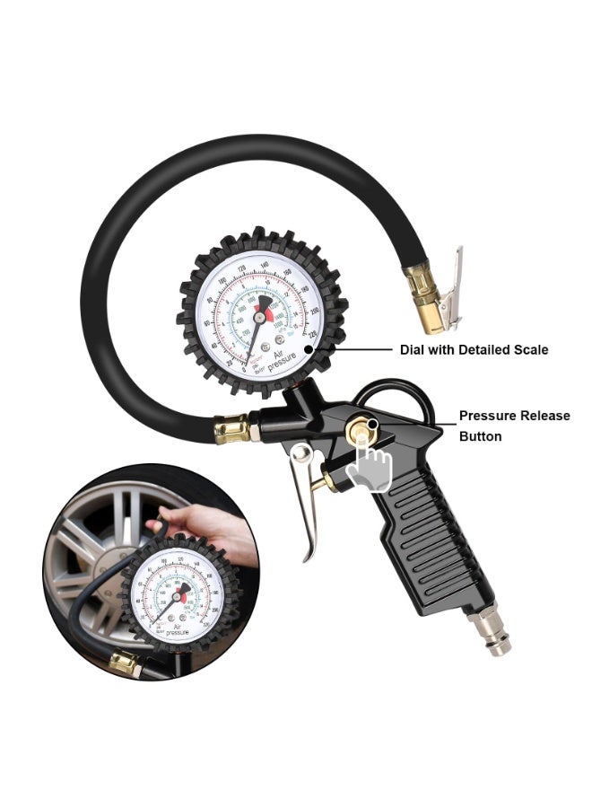 OSHIMA Tire Inflator Pressure Gauge, Tyre Inflator for Car, with Flexible Hose, Tyre Air Pressure Meter, Gauge for Car Truck Bike Air Compressor Accessories, Measuring Range: 0-16 BAR/220 PSI - Image 3