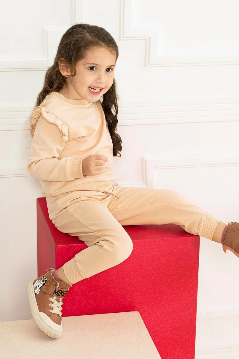 أكار Crew Neck Long Sleeve Beige Color Girl Tracksuit Set