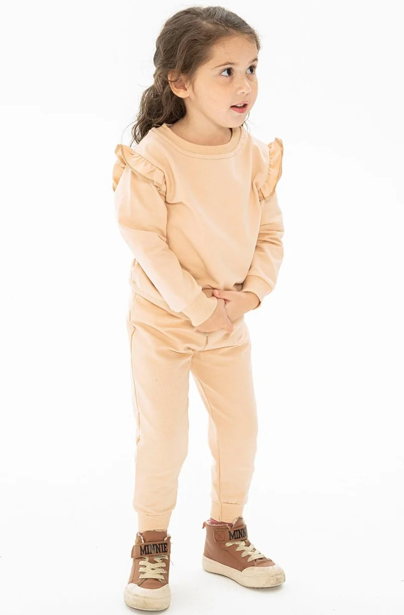 أكار Crew Neck Long Sleeve Beige Color Girl Tracksuit Set