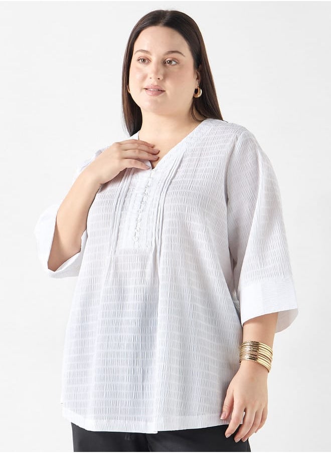 Ulla Popken Plus Size Ulla Popken Textured V-neck Top with 3/4 Sleeves  - Image 1