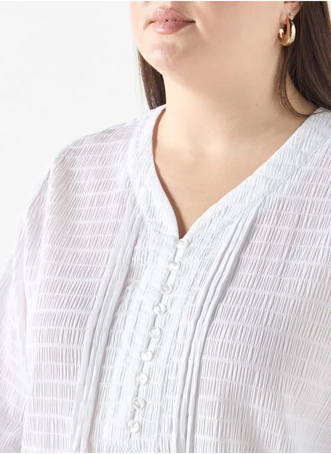 Ulla Popken Plus Size Ulla Popken Textured V-neck Top with 3/4 Sleeves