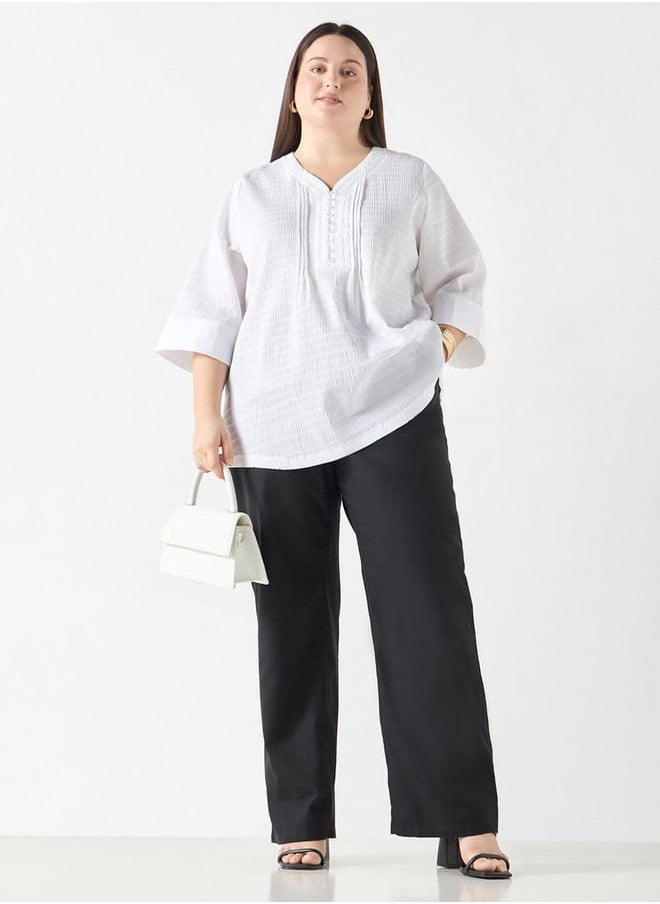 Ulla Popken Plus Size Ulla Popken Textured V-neck Top with 3/4 Sleeves  - Image 2