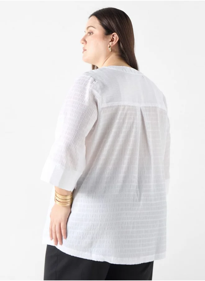 Ulla Popken Plus Size Ulla Popken Textured V-neck Top with 3/4 Sleeves