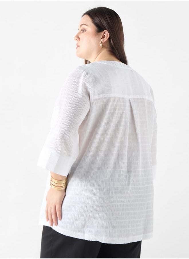 Ulla Popken Plus Size Ulla Popken Textured V-neck Top with 3/4 Sleeves  - Image 3