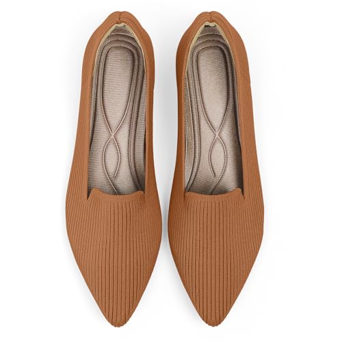 TINGRISE Women's Flats Shoes Pointed Toe Knit Washable Ballet Comfortable Dressy Work Flat Brown US6.5 - Image 1