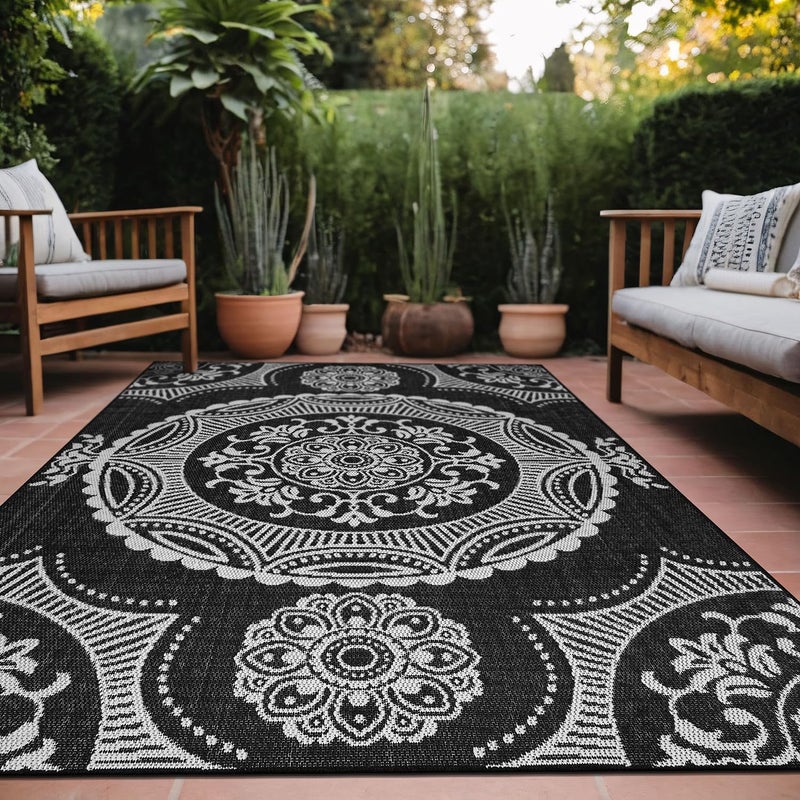 Luul Home Medallion Outdoor Rug 5x7 Washable Outside Carpet for Indoor Patio Porch Waterproof Easy Cleaning Non Shedding Area Rugs Black 5 x 7 - Image 1