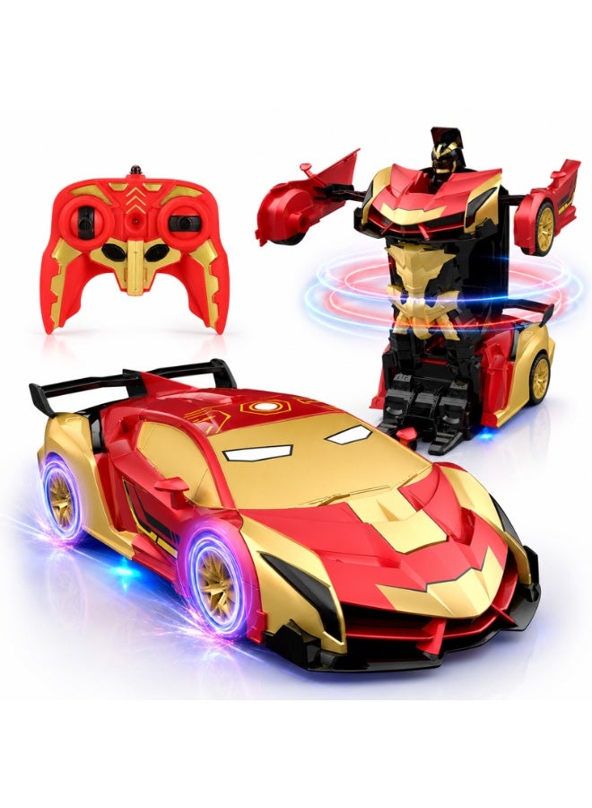 RAKAY Iron Man Remote Control Car Toy for Boys, 2.4Ghz RC Transform Robot, 1:18 Scale One-Button Deformation 360°Rotation Car with Underbody Lights, Gifts for Boys Age 3 4 5 6 7 8 9 10 11 12 - Image 1