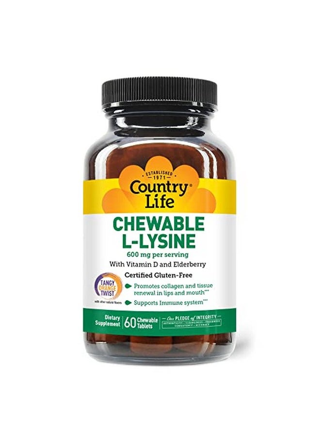 Country Life Chewable Llysine 600Mg 60 Tabs Supports Immune Health Supports Natural Collagen Production Vitamin D Elderberry Great Taste  - Image 1