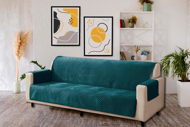 KINGLY Velvet Quilted Universal Elastic Sofa Cover Non-Slip Sofa Protector 7 Seater Armchair Cover with Machine Washable Adjustable Elastic Straps (4+3 Seater) (Green Blue) - Image 4