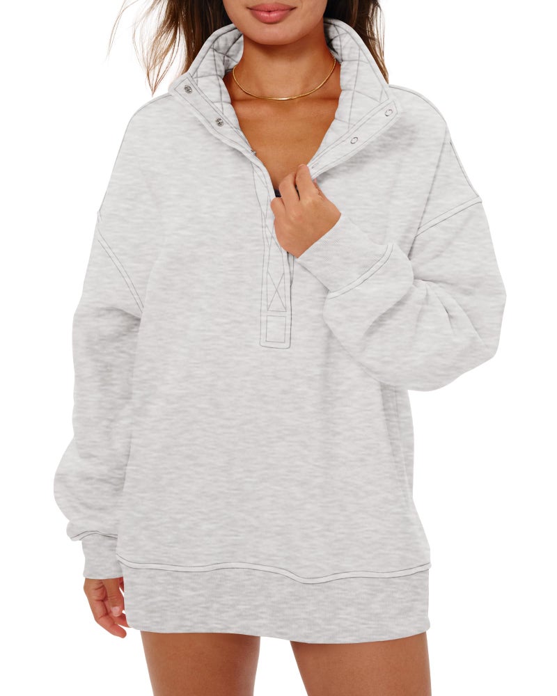 Locachy Women's Henley Neck Button Oversized Sweatshirt Casual Long Sleeve Pullover Tops 2026 Fashion Outfits Clothes Light Grey XXL - Image 1