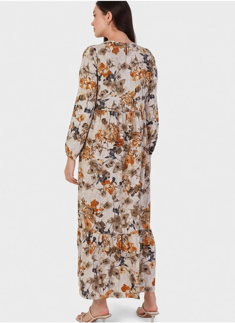 Tavin by Modanisa Balloon Sleeve Floral Print Dress