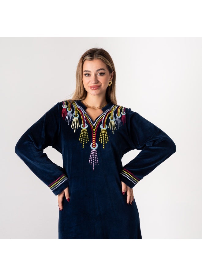 زيكوتكس  جلابية قطيفة شتوية كحلي بتطريز ملون مميز - دفء وفخامة - Image 5