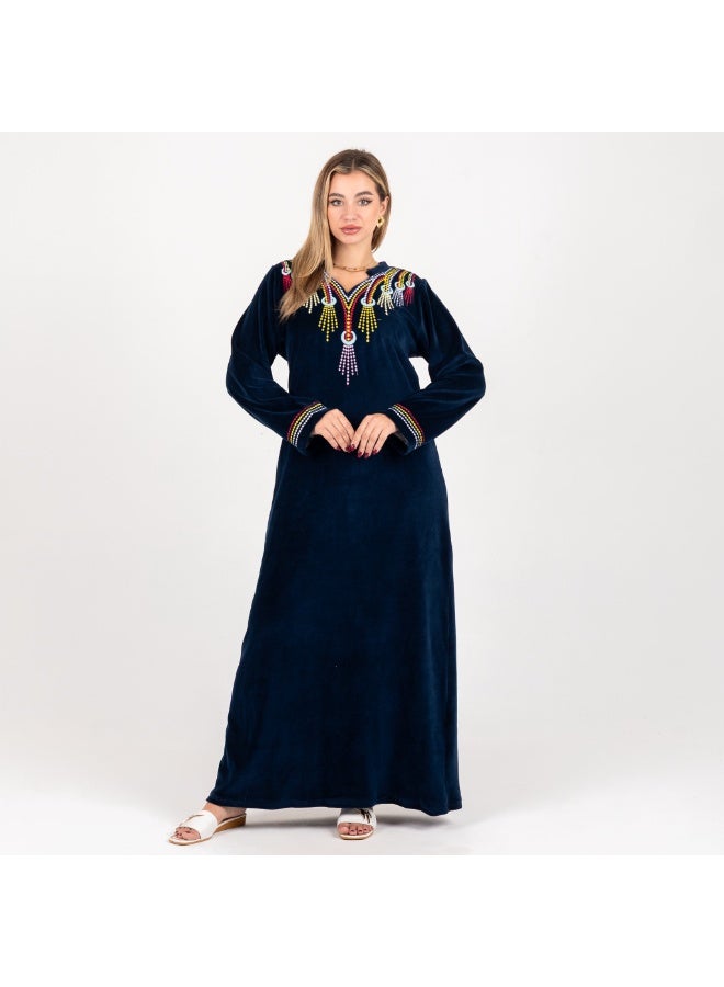 زيكوتكس  جلابية قطيفة شتوية كحلي بتطريز ملون مميز - دفء وفخامة - Image 1