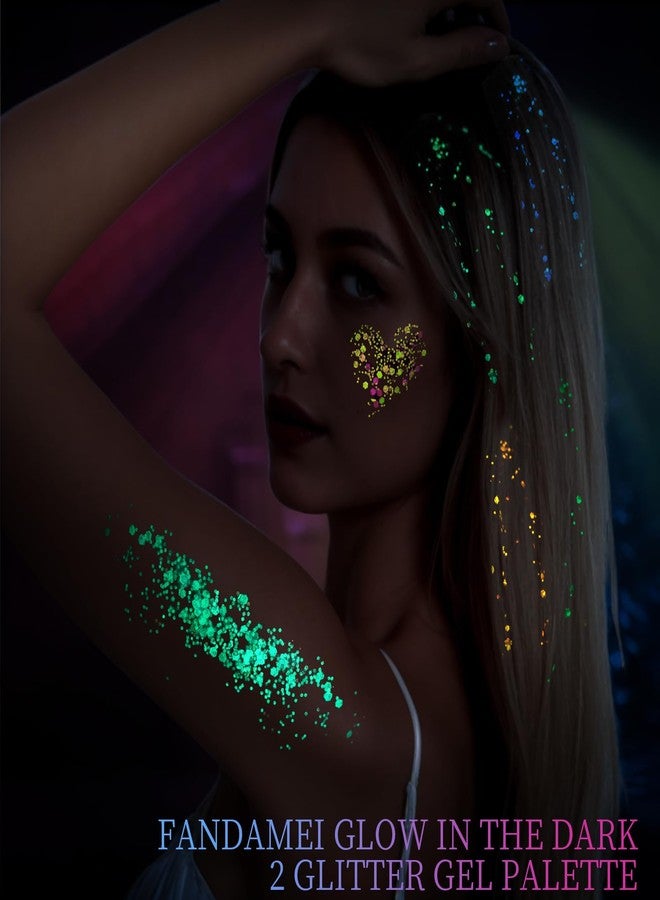 FANDAMEI Glow in The Dark Glitter, 2 Glitter Gel Palette 18 Grids Face Body Hair Glitter for Glow in The Dark Glitter Makeup, Face Glitter for Kids Women for Halloween Rave Concert Face Paint - Image 5