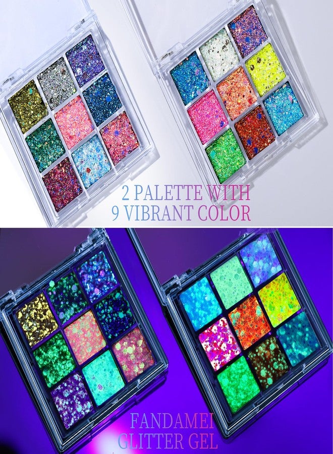 FANDAMEI Glow in The Dark Glitter, 2 Glitter Gel Palette 18 Grids Face Body Hair Glitter for Glow in The Dark Glitter Makeup, Face Glitter for Kids Women for Halloween Rave Concert Face Paint - Image 2