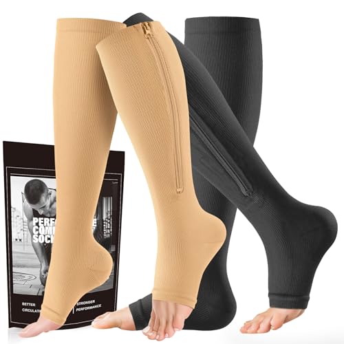 cerpite Zipper Compression Socks - 2 Pairs Open Toe Compression Stockings for Men Women 15-20mmHg,Suit for Running, Sport - Image 1