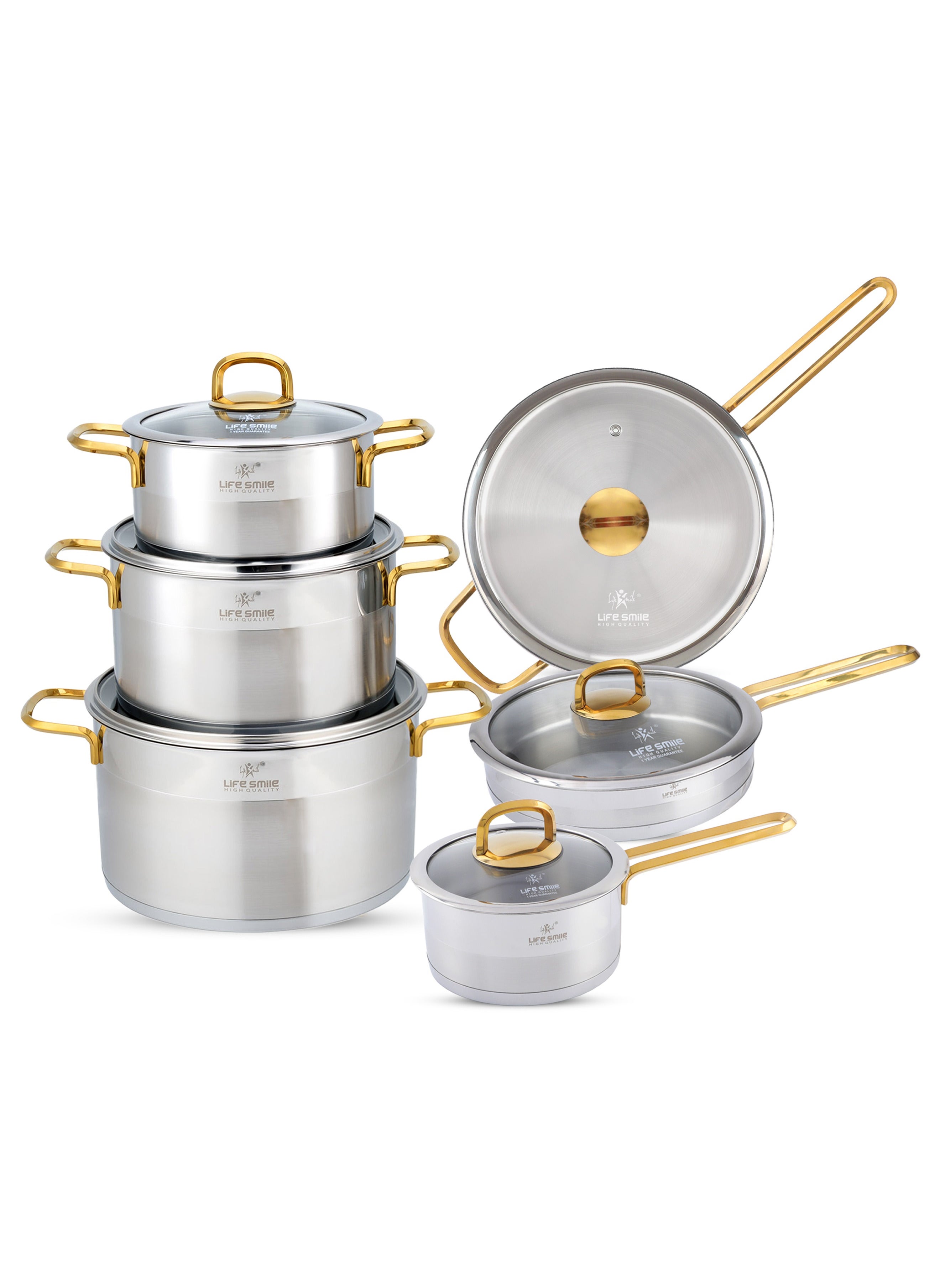 Cookware Set 12 Pieces - Pure 18/10 Stainless Steel Cooking Set - Induction Base Pots and Pans Set - Non-Toxic, 100% PFOA, PTFE & PFOS Free - Oven Safe Kitchen Cookware Sets (Gold) 