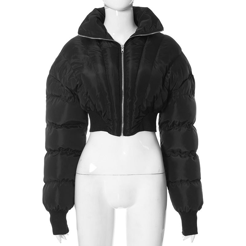 Y23TP407 European and American womens winter new solid color casual lapel zipper long sleeve slim-fit navel jacket cotton-padded jacket Brown - Image 2