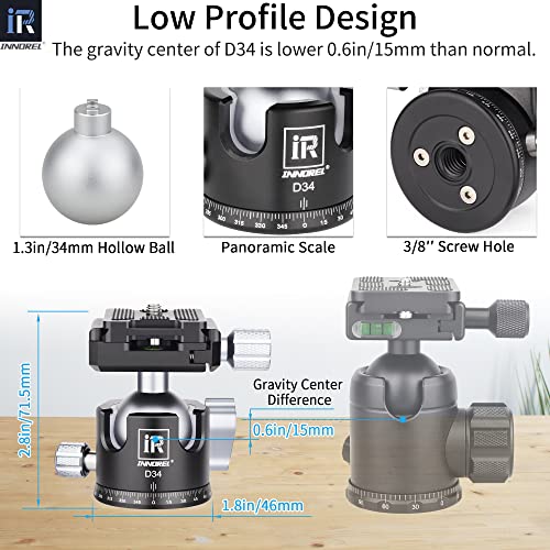 INNOREL D34 34mm Low Profile Tripod Ball Head Professional All Metal CNC Panoramic Camera Tripod Head for Monopod,DSLR Cameras,Camcorder,DV with 1/4" Arca Swiss Quick Release Plate Load 33lb/15kg - Image 3