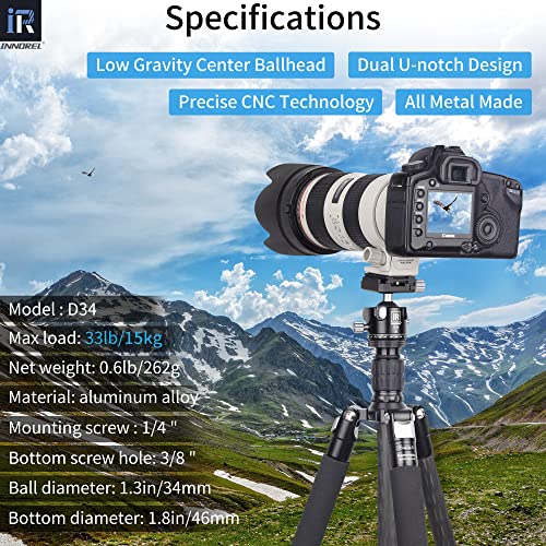 INNOREL D34 34mm Low Profile Tripod Ball Head Professional All Metal CNC Panoramic Camera Tripod Head for Monopod,DSLR Cameras,Camcorder,DV with 1/4" Arca Swiss Quick Release Plate Load 33lb/15kg - Image 2