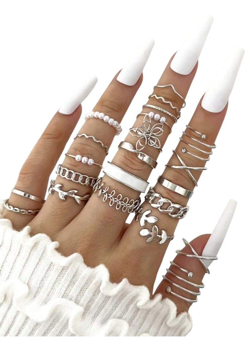 YUCCA - 22pcs Women's Daily Wear Bohemian Style Multi-Element Faux Pearl Geometry Vintage Ring Set - Image 1