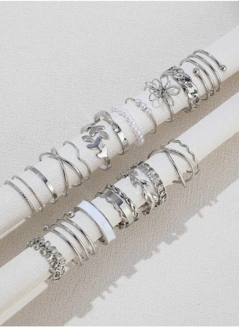 YUCCA - 22pcs Women's Daily Wear Bohemian Style Multi-Element Faux Pearl Geometry Vintage Ring Set - Image 1