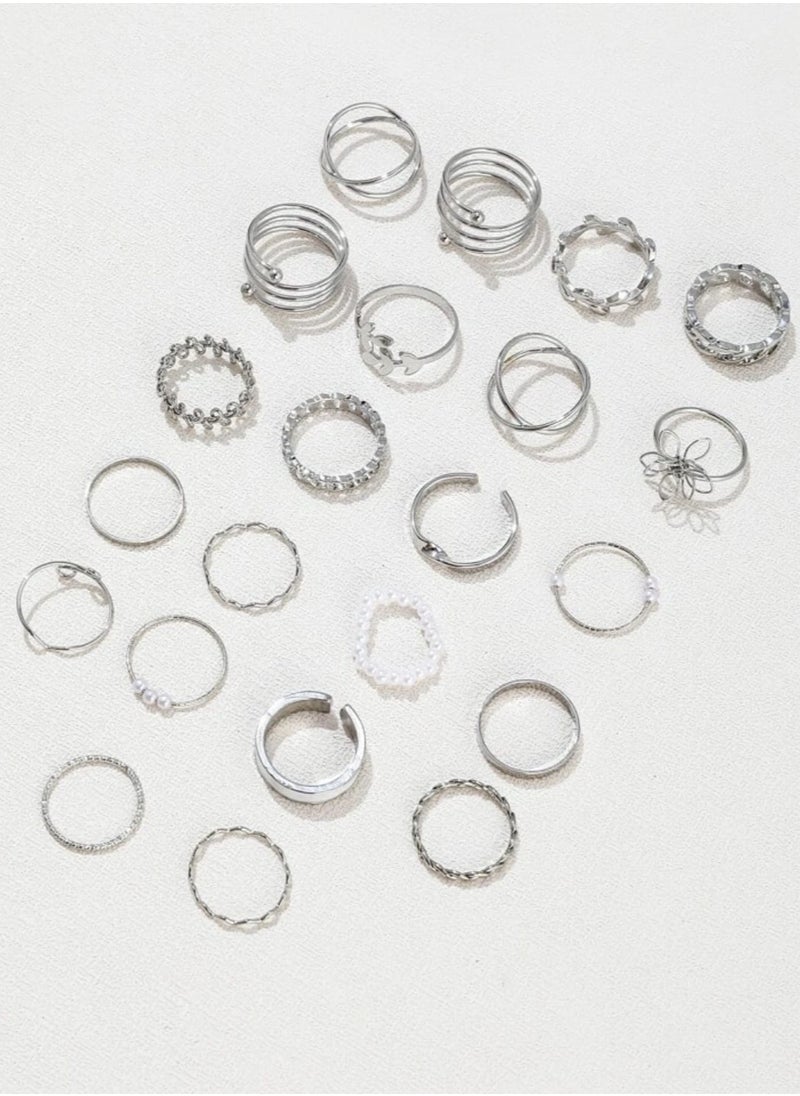 YUCCA - 22pcs Women's Daily Wear Bohemian Style Multi-Element Faux Pearl Geometry Vintage Ring Set - Image 1
