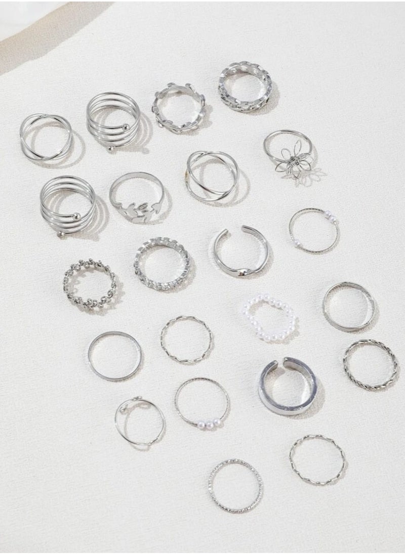 YUCCA - 22pcs Women's Daily Wear Bohemian Style Multi-Element Faux Pearl Geometry Vintage Ring Set - Image 1