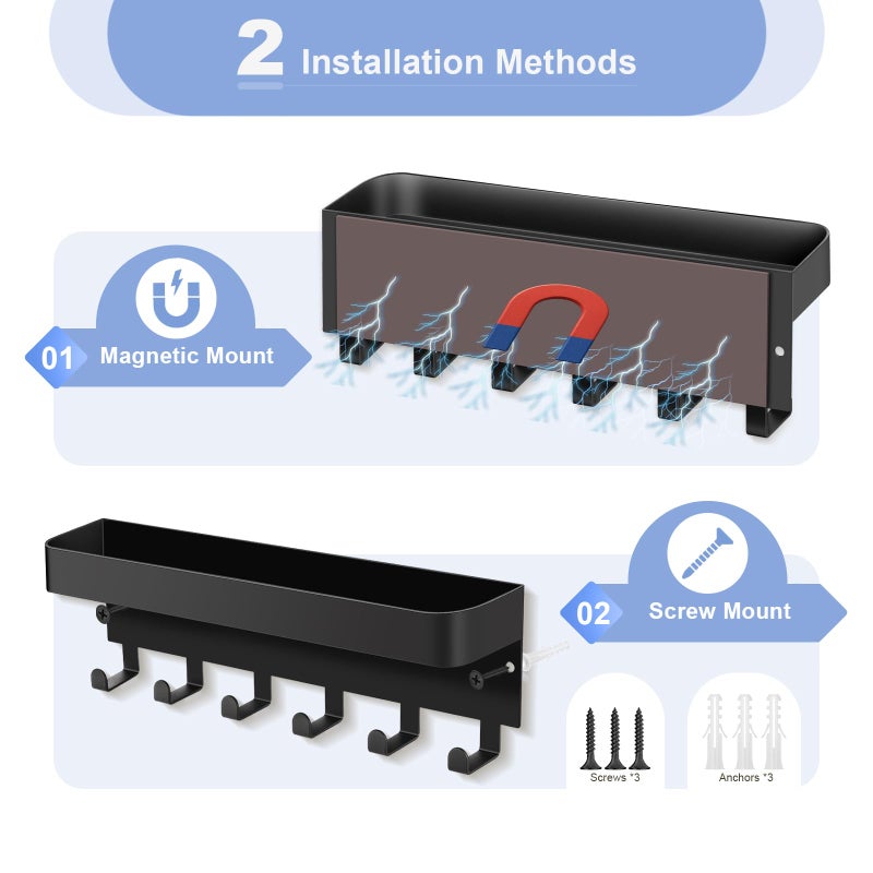 RELBRO Magnetic Key Holder for Fridge, Metal Wall Mount Key Rack with Shelf, 6 Hooks, 2 Installation Options, Black - Image 3