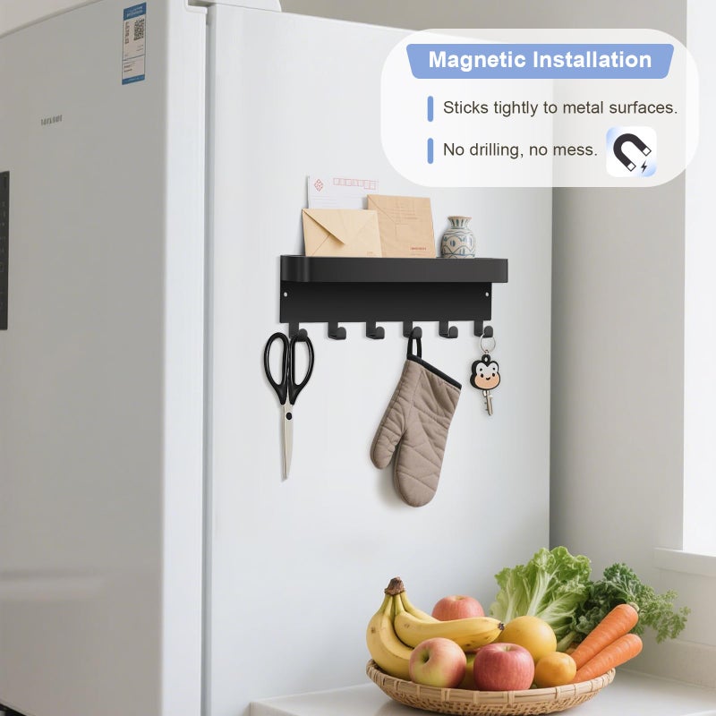 RELBRO Magnetic Key Holder for Fridge, Metal Wall Mount Key Rack with Shelf, 6 Hooks, 2 Installation Options, Black - Image 2