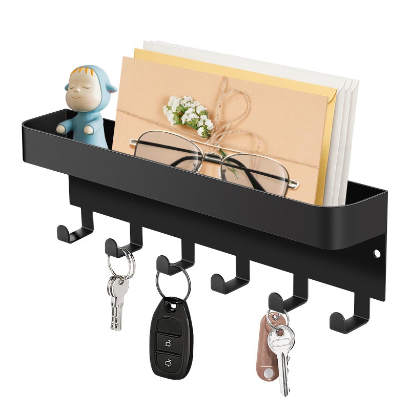 RELBRO Magnetic Key Holder for Fridge, Metal Wall Mount Key Rack with Shelf, 6 Hooks, 2 Installation Options, Black - Image 1