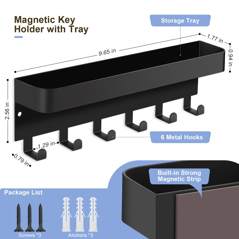 RELBRO Magnetic Key Holder for Fridge, Metal Wall Mount Key Rack with Shelf, 6 Hooks, 2 Installation Options, Black - Image 4