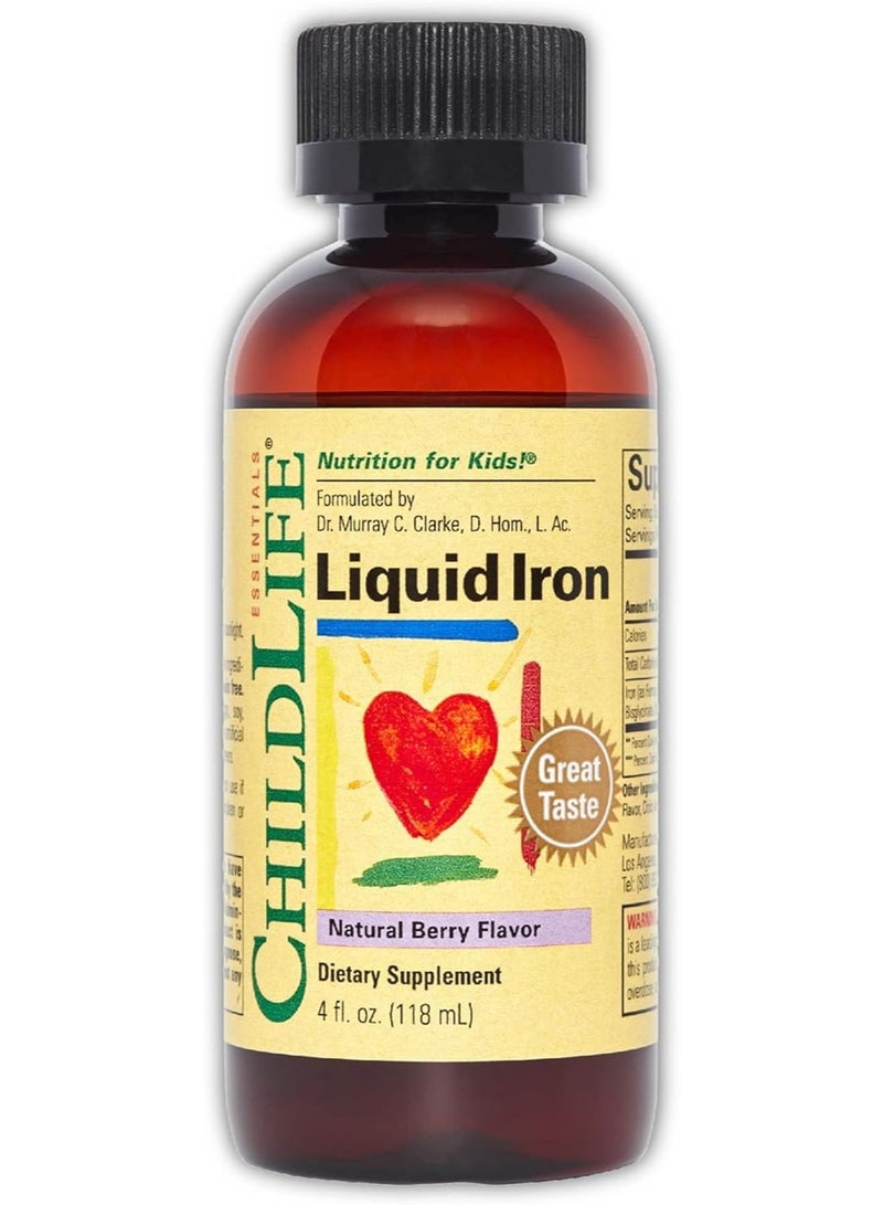 ChildLife Essentials Liquid Iron Natural Berry Flavor | Iron Supplement for Kids, Toddlers, Babies & Teens, Supports Healthy Blood & Energy, Gluten Free | 4 fl oz (118ml)