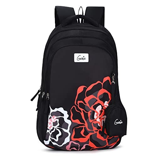 Genie Glow School Backpack For Girls |19 In-36 Ltr with Laptop Sleeve, Rain Cover and Three Compartments with Padded Shoulders |Best for Books,Stationery,Lunch Box & Essentials - Black - Image 1