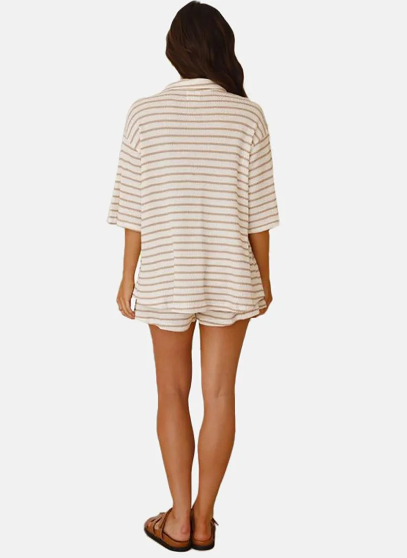 YUNIQEE Brown Striped T-Shirt And Shorts