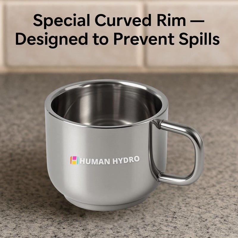 Human Hydro مجموعة من 12 كوب شاي كبير من الفولاذ المقاوم للصدأ | 130 مل لكل كوب | تصميم حافة مقاومة للتسرب | متين، مقاوم للصدأ وآمن في غسالة الصحون | مثالي للشاي، القهوة، الحليب، للأطفال والاستخدام اليومي - Image 4