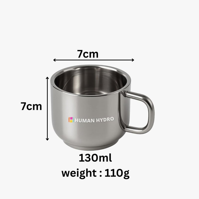 Human Hydro مجموعة من 12 كوب شاي كبير من الفولاذ المقاوم للصدأ | 130 مل لكل كوب | تصميم حافة مقاومة للتسرب | متين، مقاوم للصدأ وآمن في غسالة الصحون | مثالي للشاي، القهوة، الحليب، للأطفال والاستخدام اليومي - Image 3