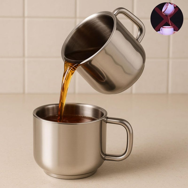 Human Hydro مجموعة من 12 كوب شاي كبير من الفولاذ المقاوم للصدأ | 130 مل لكل كوب | تصميم حافة مقاومة للتسرب | متين، مقاوم للصدأ وآمن في غسالة الصحون | مثالي للشاي، القهوة، الحليب، للأطفال والاستخدام اليومي - Image 5