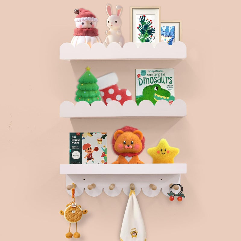 Floating Nursery Book Shelves for Wall 16 Wood Book Shelf for Baby Boys Girls Bedroom Bathroom and Dcor Storage Wall Shelf for Books Plants Toys Photo Frames WhiteWooden Pegs 3 Pack