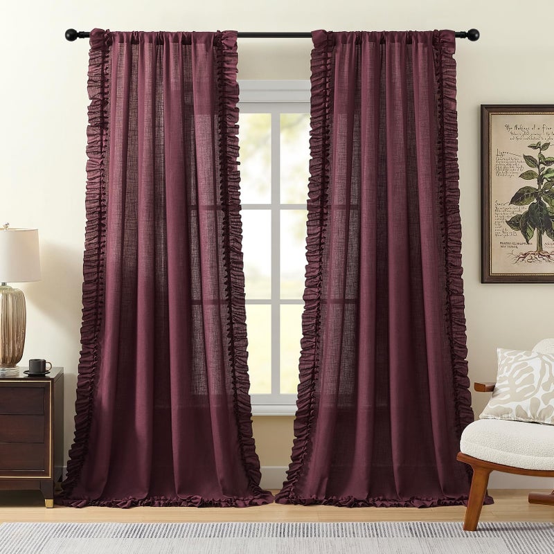 TERLYTEX Burgundy Ruffle Curtains 84 Inches Long, 2 Panels, W47xL84 Inch, Linen Textured Maroon Scalloped Curtains for Living Room, Rod Pocket Privacy Light Filtering Semi-Sheer Farmhouse Linen Ruffled Curtain - Image 2