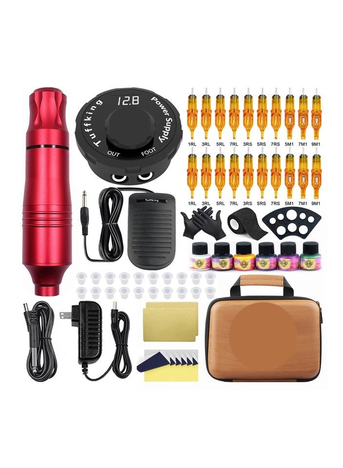 Generic 1-Set Tattoo Kit,Tattoo Pen Rotary Tattoo Machine Tattoo Set with Tattoo Needles Bandage and Gloves and Tattoo Exercise Skin,Leather Hand-Held Toolbox,Tattoo Pen Colour Red - Image 1