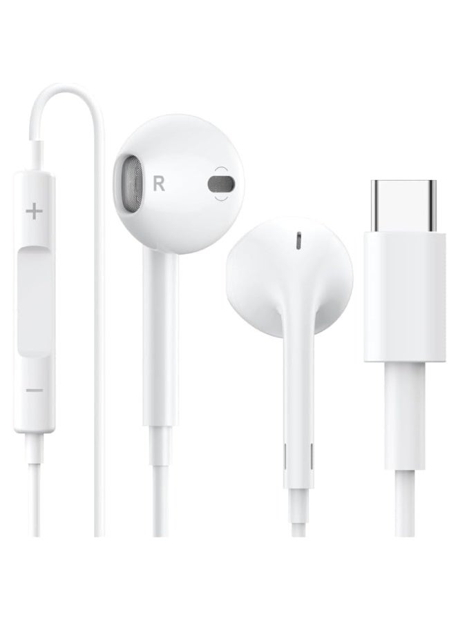سماعات سلكية بمنفذ ‎Type-C‎ مع ميكروفون وتحكم في الصوت – صوت هاي فاي ستيريو وعزل للضوضاء – لون أبيض - Image 1