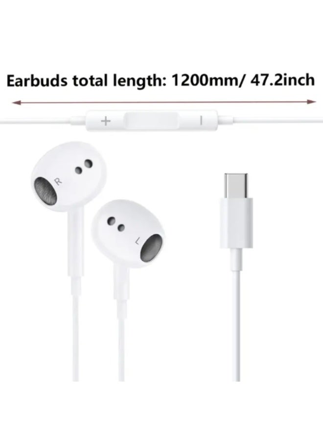 Type-C Wired Earphones with Mic & Volume Control, USB-C In-Ear Headphones, Stereo Sound, Noise Isolation, Compatible with Type-C Smartphones – White - Image 2